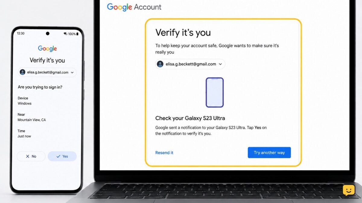 Google Account verification screen with a trusted device and security review page