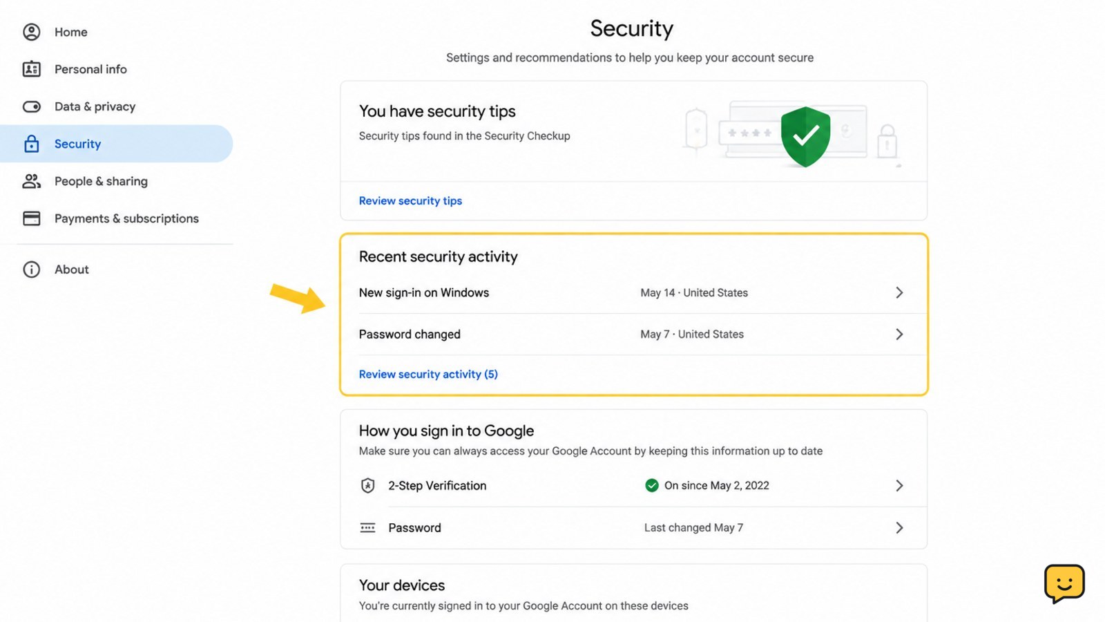 Google Account Security page showing recent activity, devices, and recovery settings