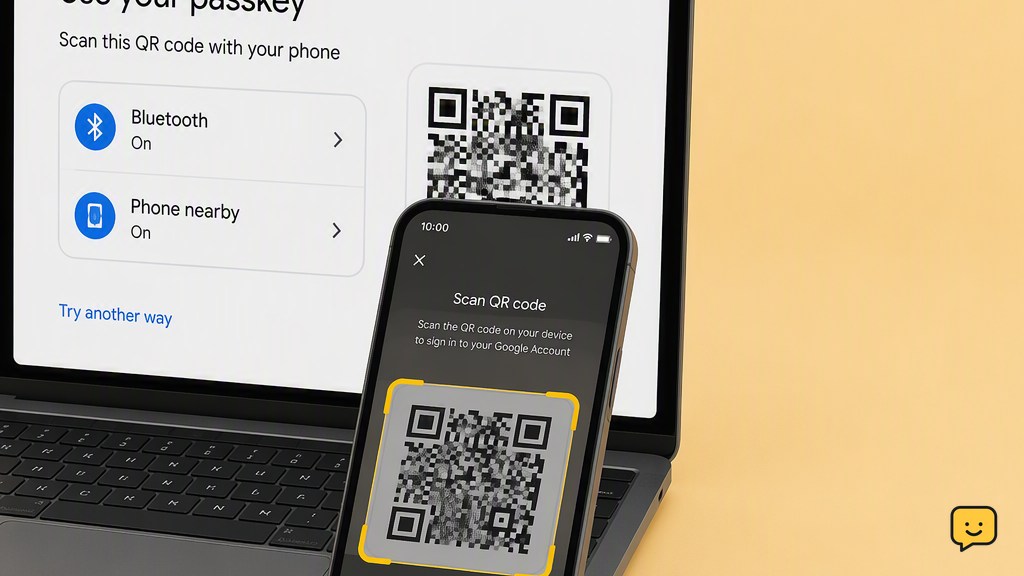 Computer passkey QR code with an unlocked phone nearby