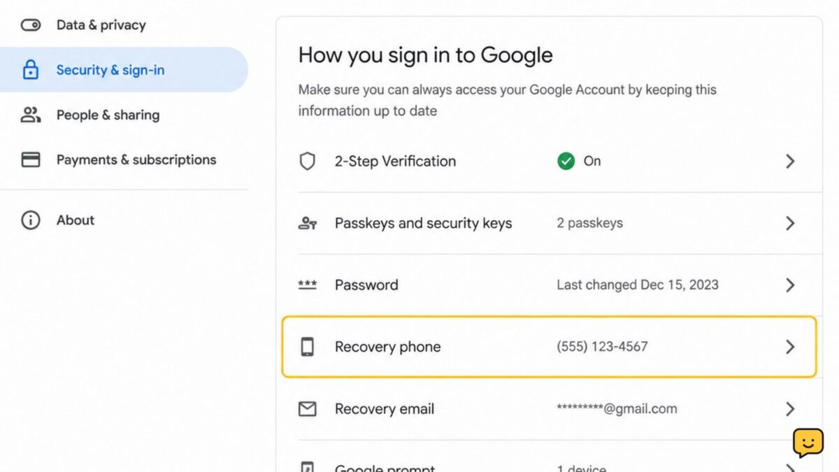 Google Account Security and sign-in page with the Recovery phone setting visible