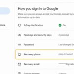 Google Account Security and sign-in page with the Recovery phone setting visible