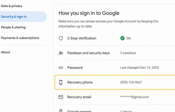 Google Account Security and sign-in page with the Recovery phone setting visible