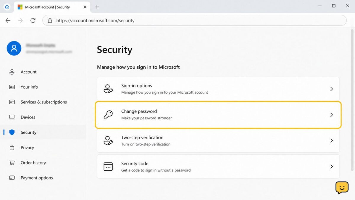 Microsoft account Security page with the Change password option visible