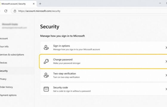 Microsoft account Security page with the Change password option visible