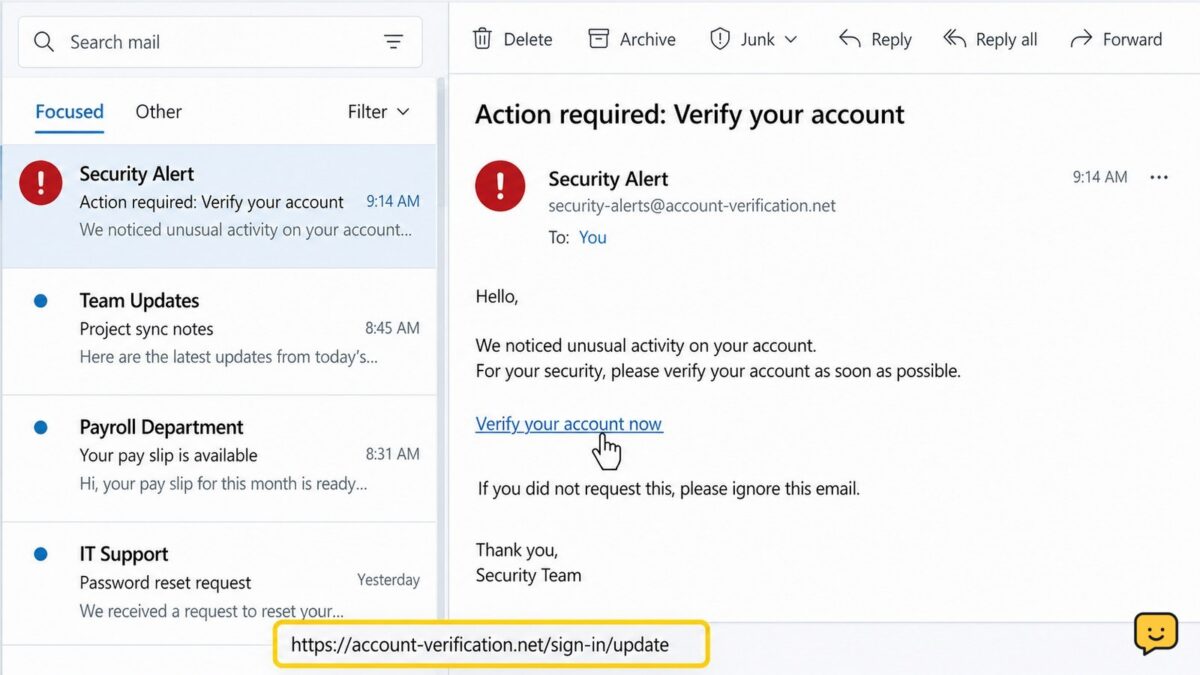 Unopened suspicious email with a link destination visible for inspection before clicking