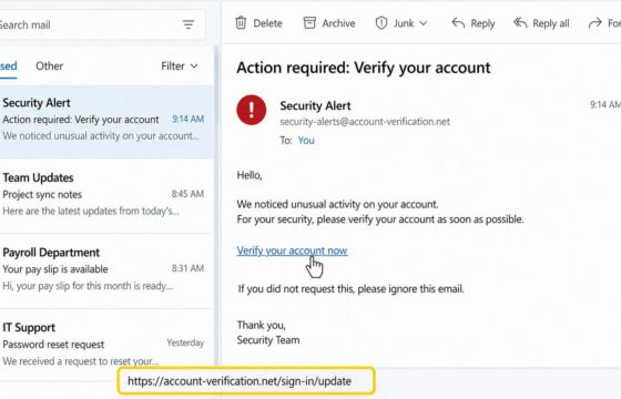 Unopened suspicious email with a link destination visible for inspection before clicking