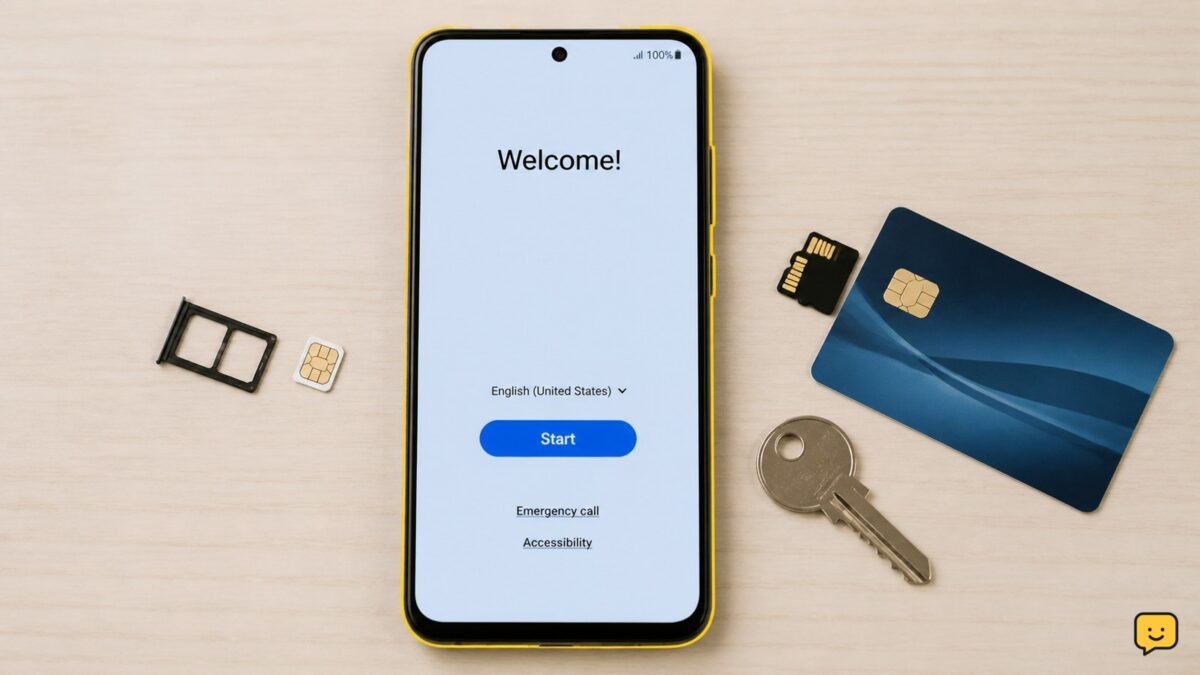 Android phone displaying the initial welcome screen after a factory reset