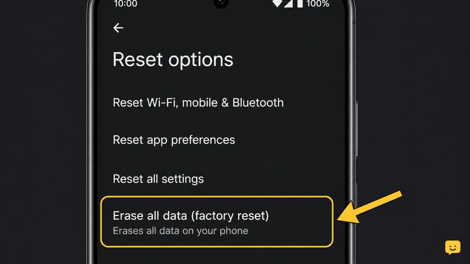 Android Settings reset options screen with Erase all data factory reset selected