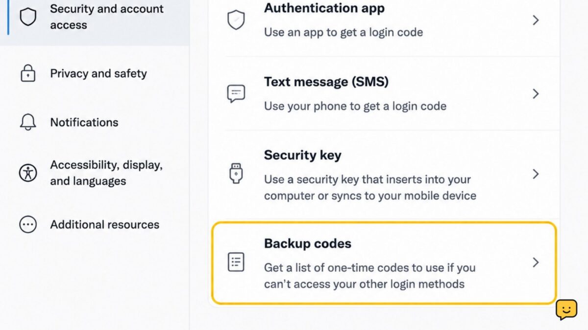 Two-factor authentication settings with a backup codes option highlighted