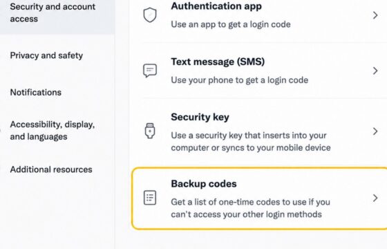 Two-factor authentication settings with a backup codes option highlighted