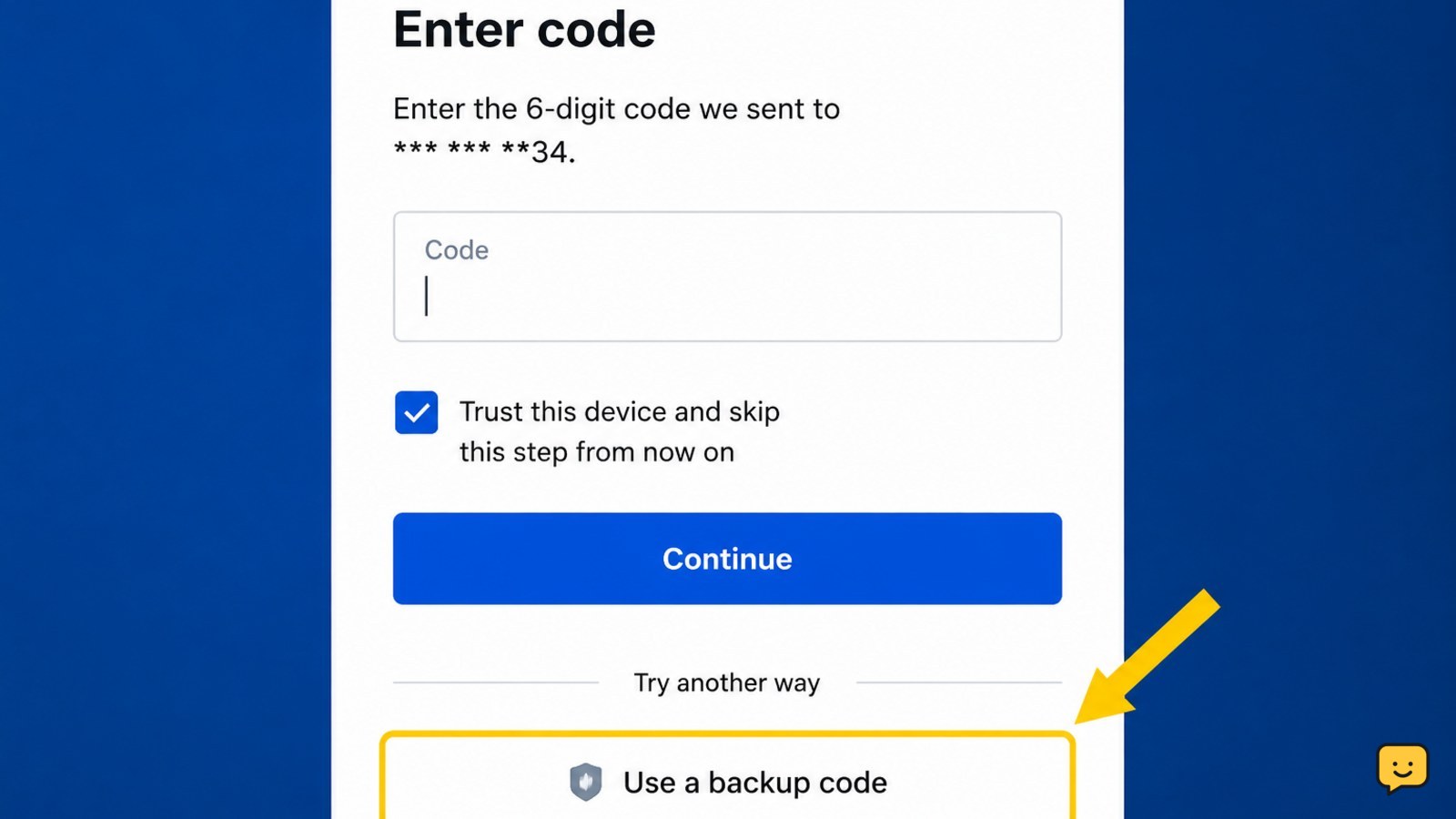 A social media sign-in verification screen with the Try another way and Use a backup code options visible