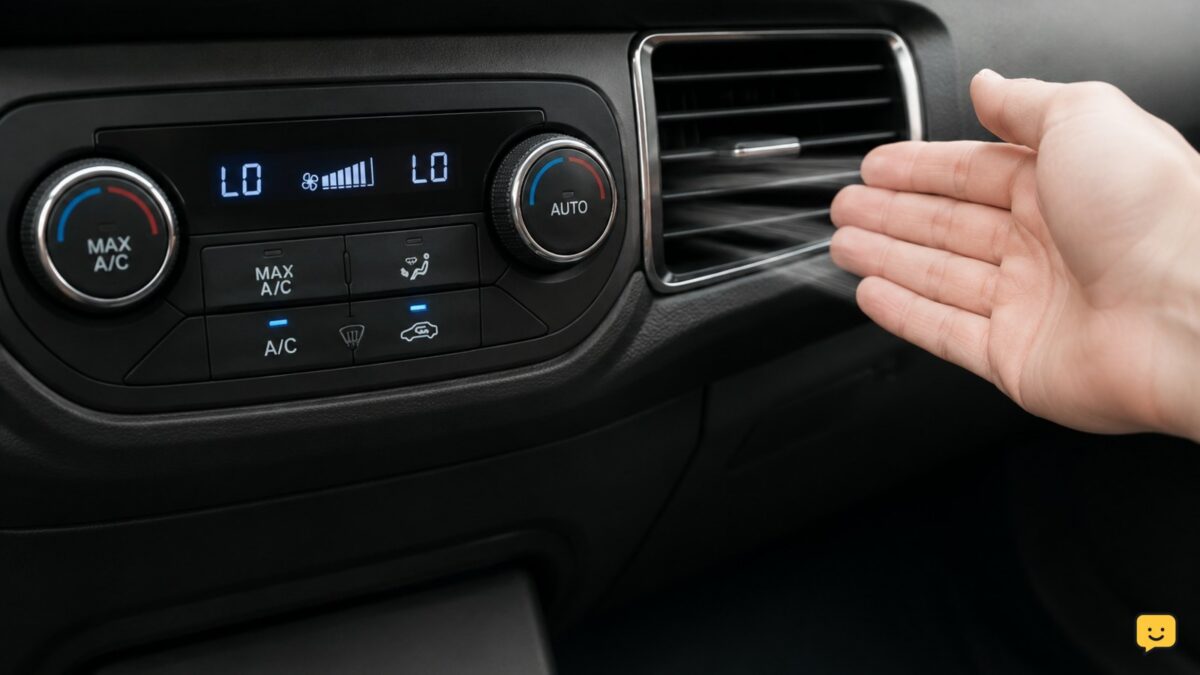 Car dashboard vent being checked while the AC blows warm air