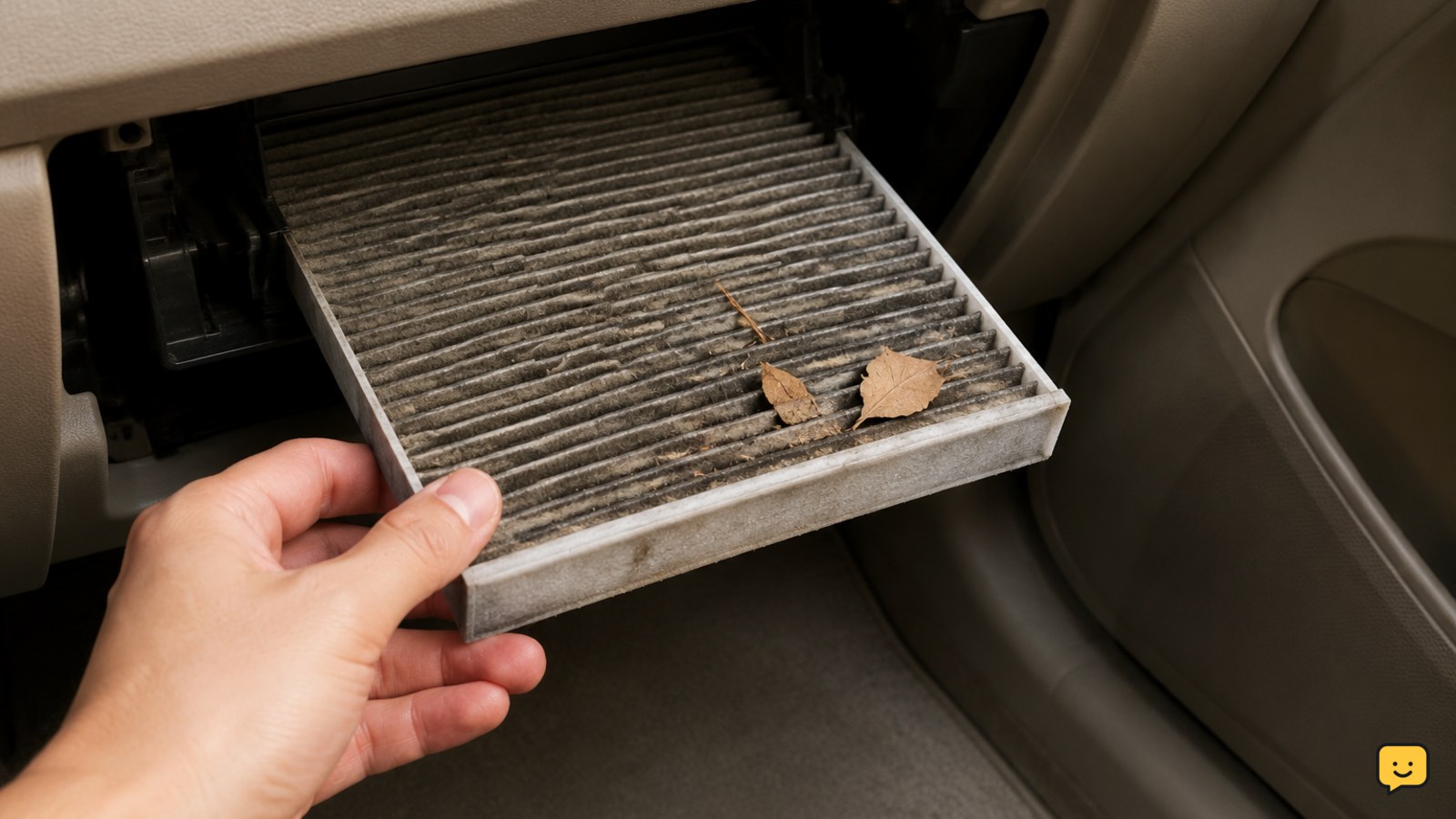 Cabin air filter removed from its housing for a debris inspection