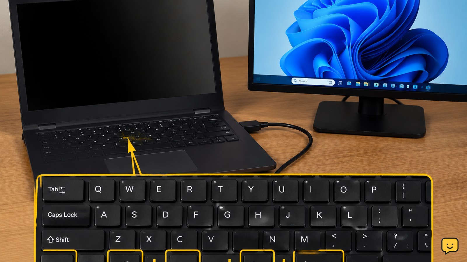 Windows laptop keyboard with the graphics reset shortcut highlighted beside an external display