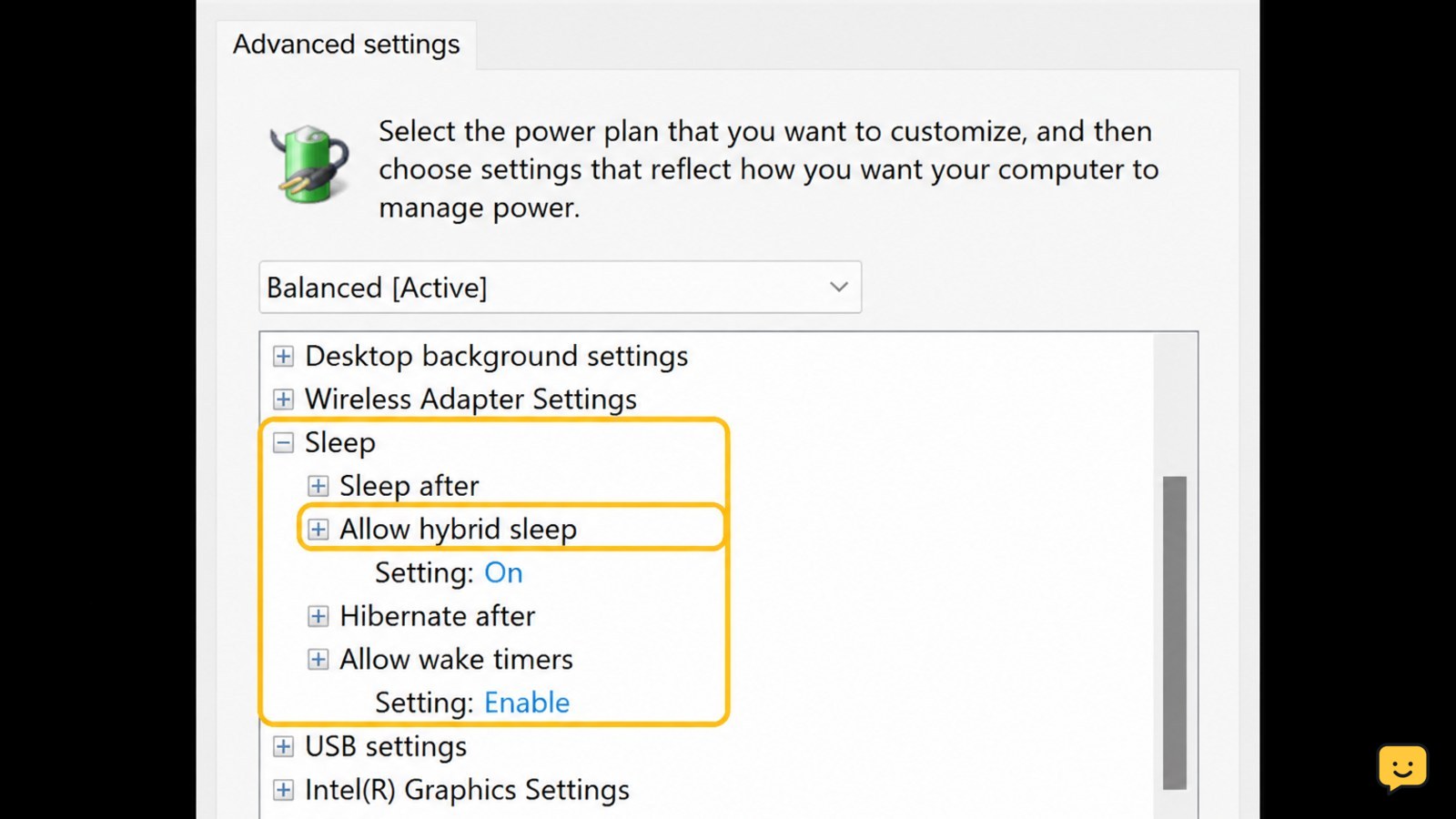Windows Power Options advanced settings showing Sleep, Allow hybrid sleep, and Allow wake timers