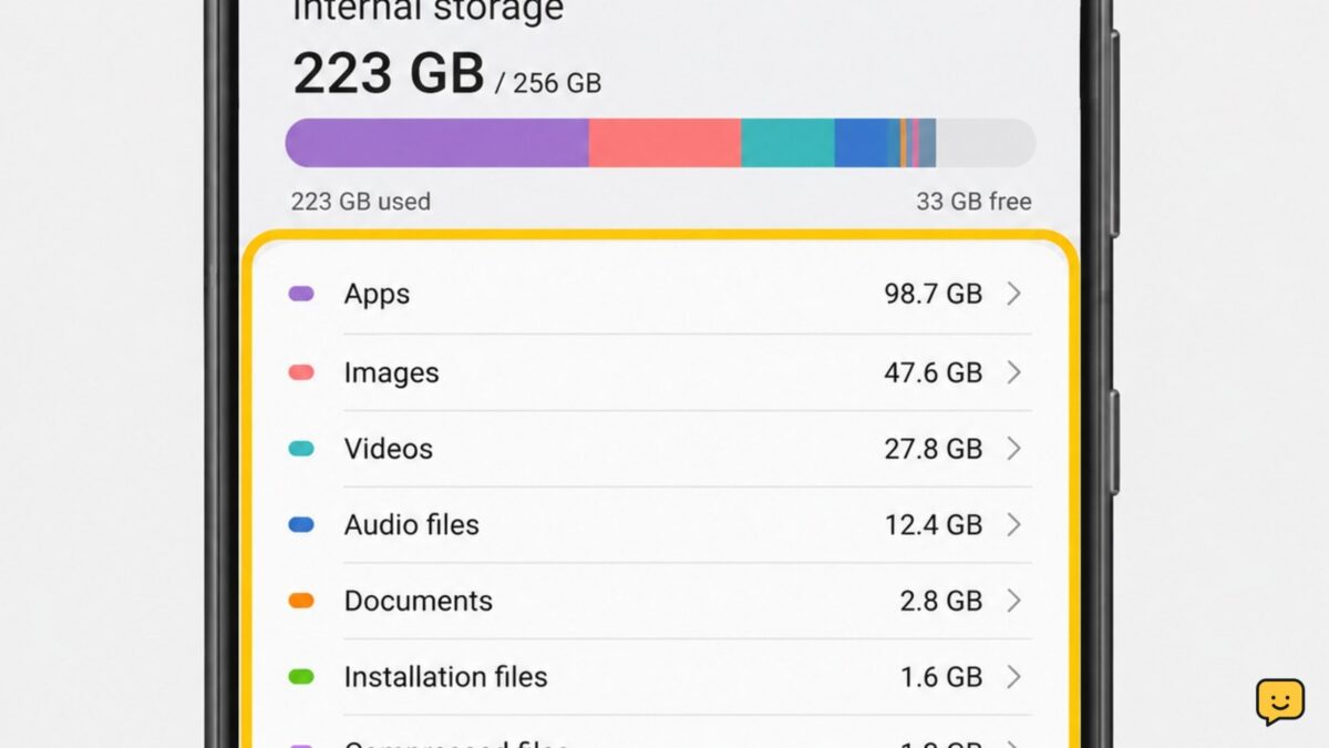 Smartphone storage settings screen showing a nearly full capacity bar and category breakdown