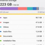 Smartphone storage settings screen showing a nearly full capacity bar and category breakdown
