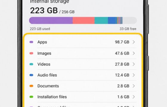 Smartphone storage settings screen showing a nearly full capacity bar and category breakdown