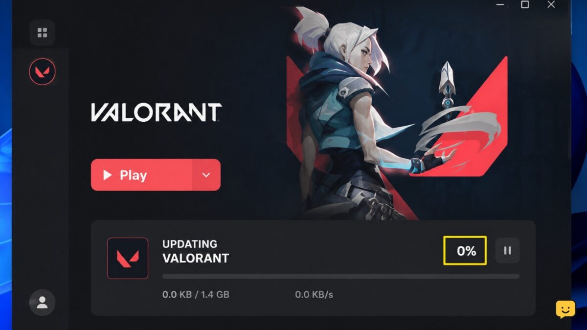 Riot Client showing a Valorant update stalled at 0 percent on Windows