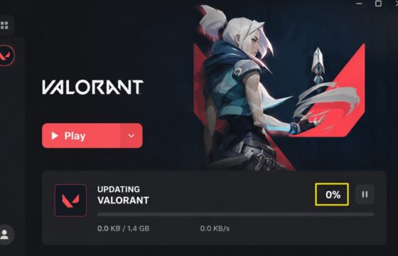Riot Client showing a Valorant update stalled at 0 percent on Windows