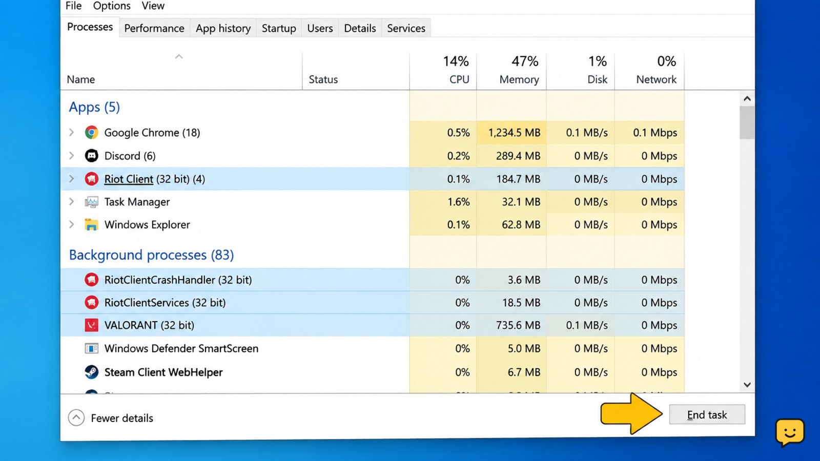 Windows Task Manager with Riot Client processes selected for ending