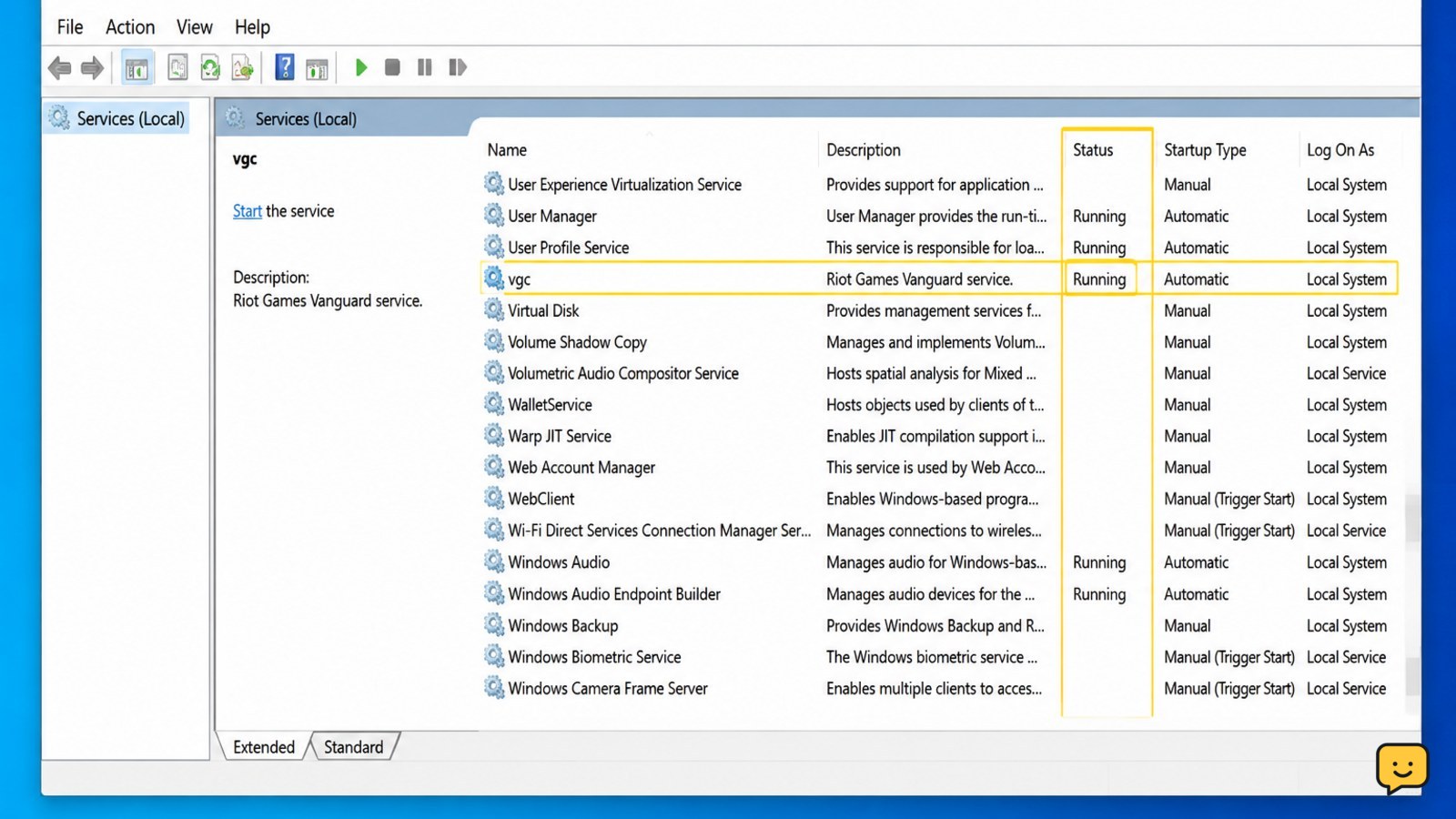 Windows Services app showing the vgc service and its status