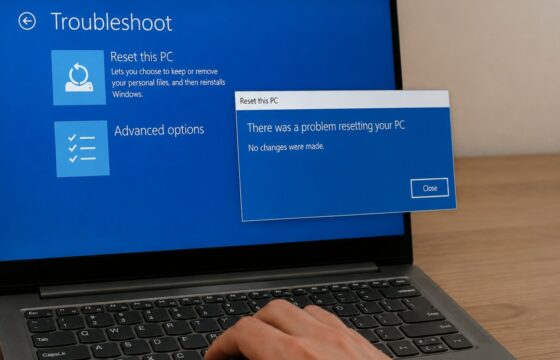 Windows 11 recovery screen showing the reset error and troubleshooting options