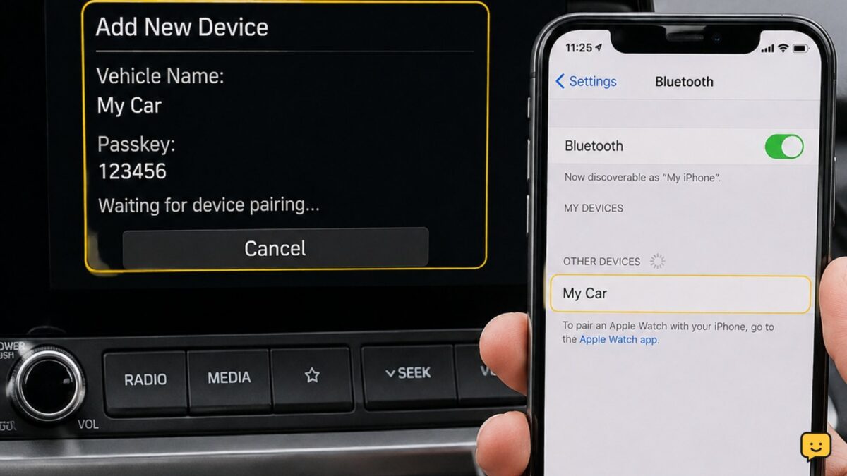 Parked car display in Bluetooth phone-pairing mode beside a smartphone with Bluetooth enabled