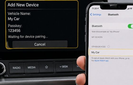 Parked car display in Bluetooth phone-pairing mode beside a smartphone with Bluetooth enabled