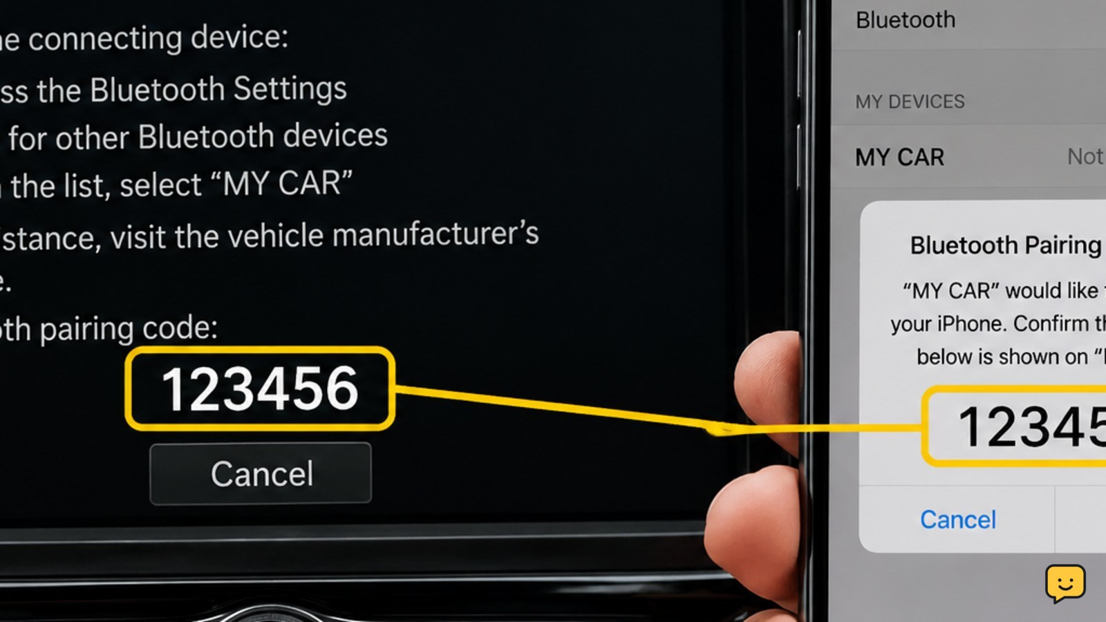 Car infotainment screen and phone showing the same Bluetooth pairing code