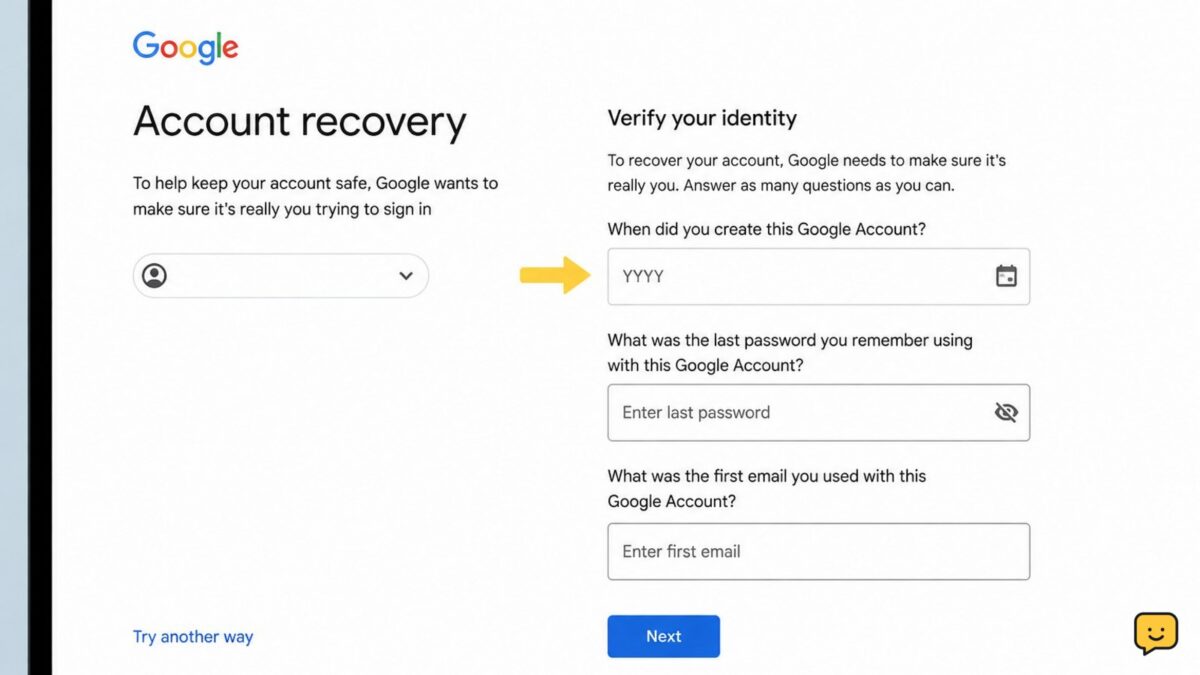 Account recovery form showing identity verification section