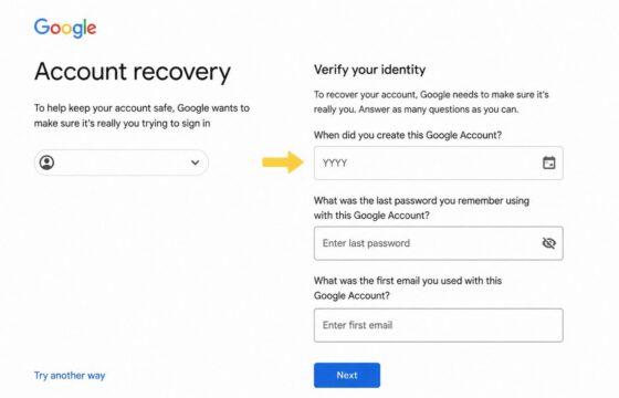 Account recovery form showing identity verification section