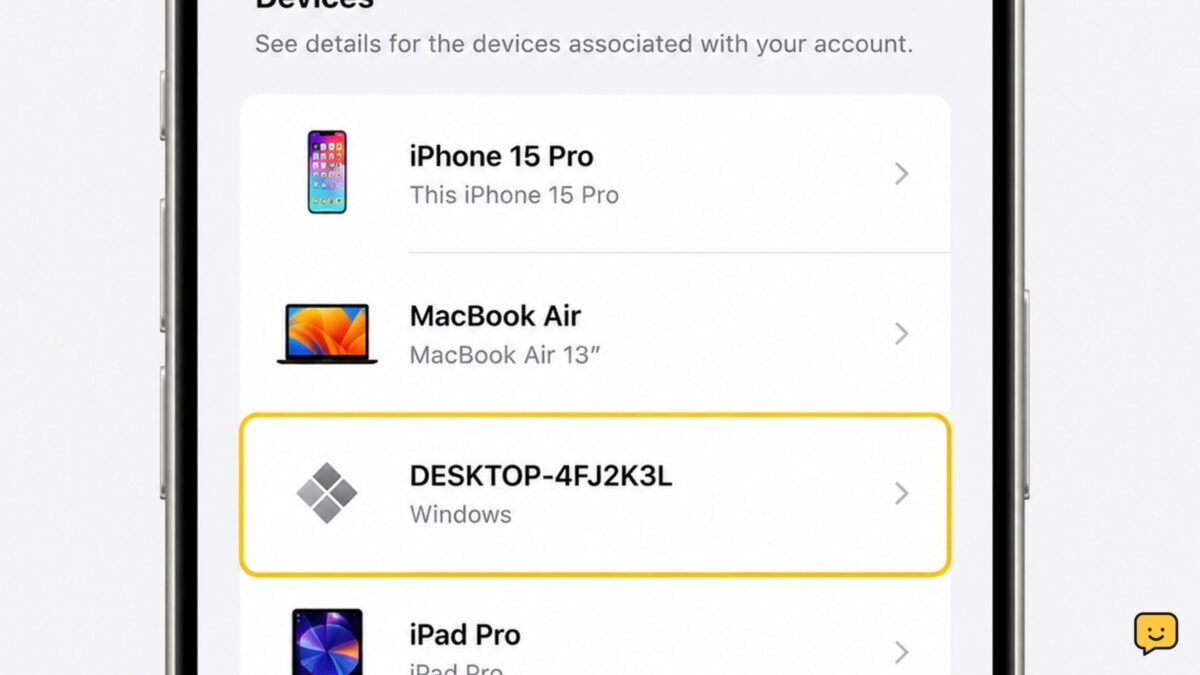 Apple Account device list showing an unfamiliar device selected for removal