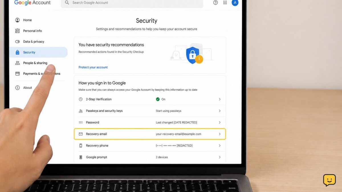 Google Account Security page with the Recovery email setting visible