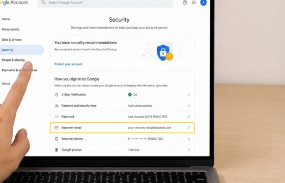 Google Account Security page with the Recovery email setting visible