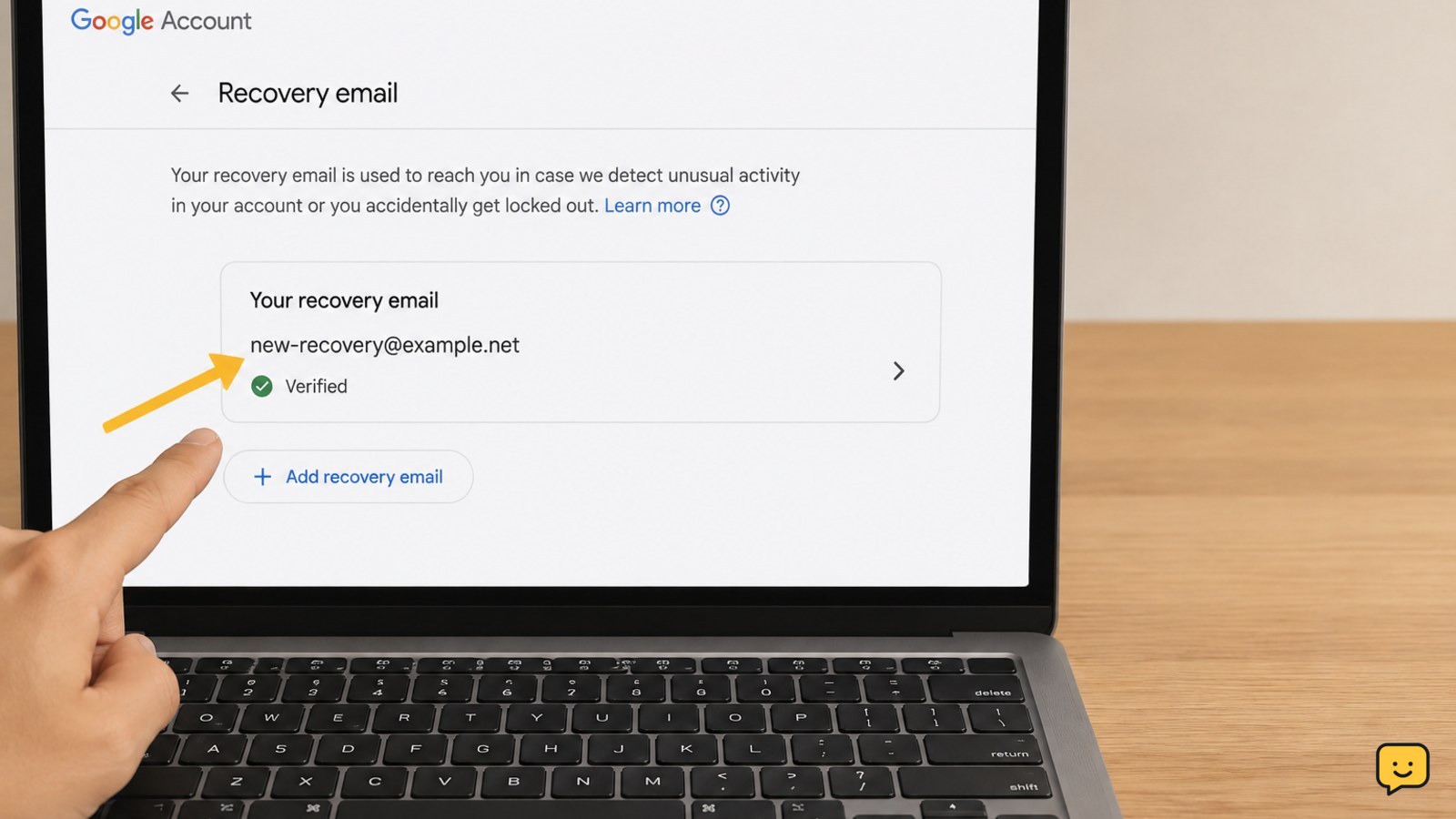 Google Account recovery settings showing a verified replacement email after the old address was removed