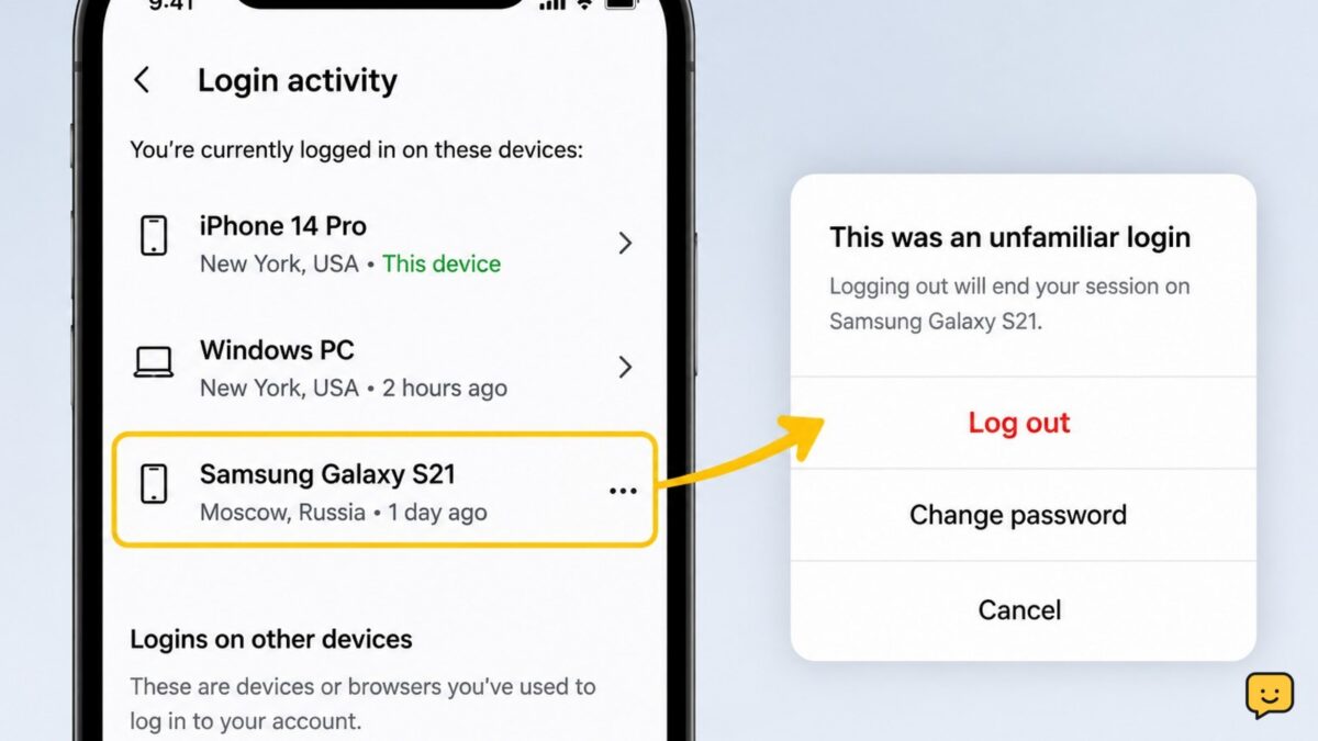 Instagram security screen showing active login sessions with an unfamiliar device selected for sign-out