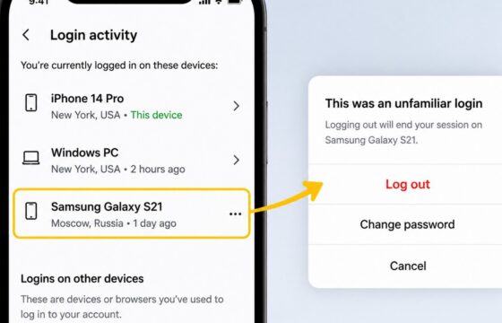 Instagram security screen showing active login sessions with an unfamiliar device selected for sign-out