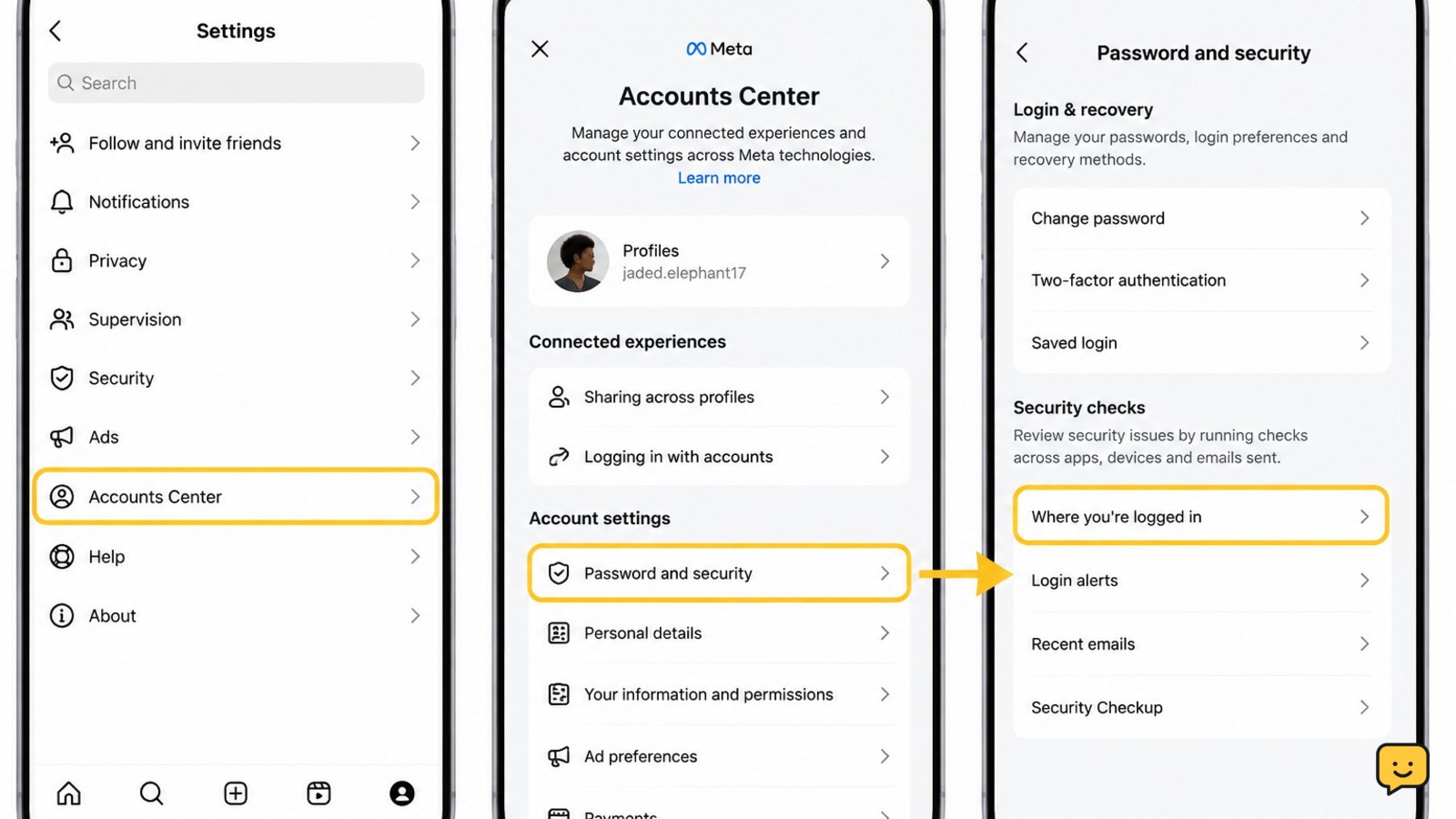 Instagram Accounts Center Password and security menu leading to Where you're logged in