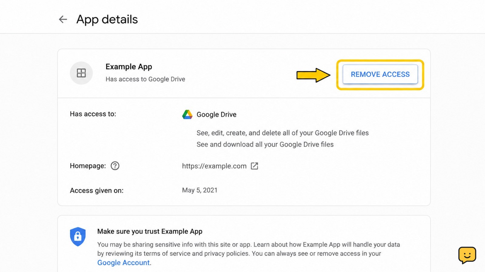 Google Account third-party app details with the remove access control highlighted