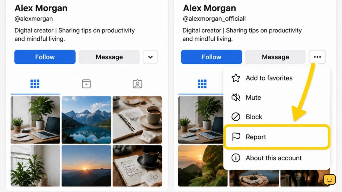 A real social media profile beside a fake profile copying its name and photo, with the report control highlighted