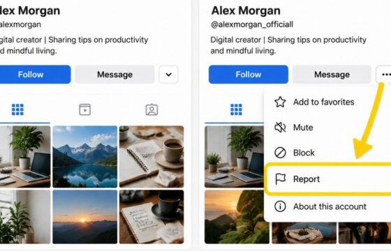 A real social media profile beside a fake profile copying its name and photo, with the report control highlighted