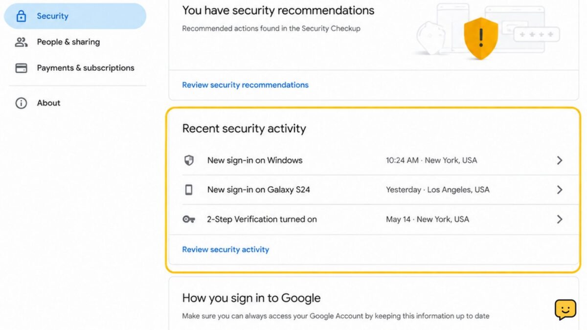 Google Account Security page showing recent security activity for review