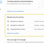 Google Account Security page showing recent security activity for review