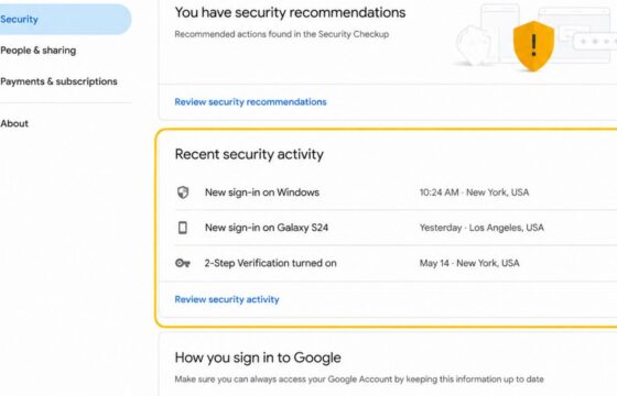 Google Account Security page showing recent security activity for review
