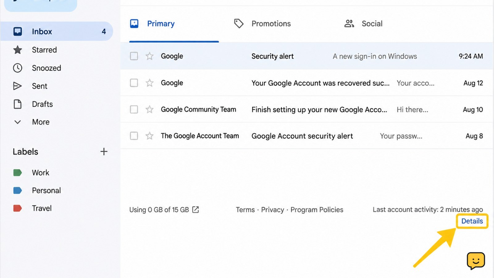 Gmail inbox showing the Details link beside Last account activity in the bottom-right corner