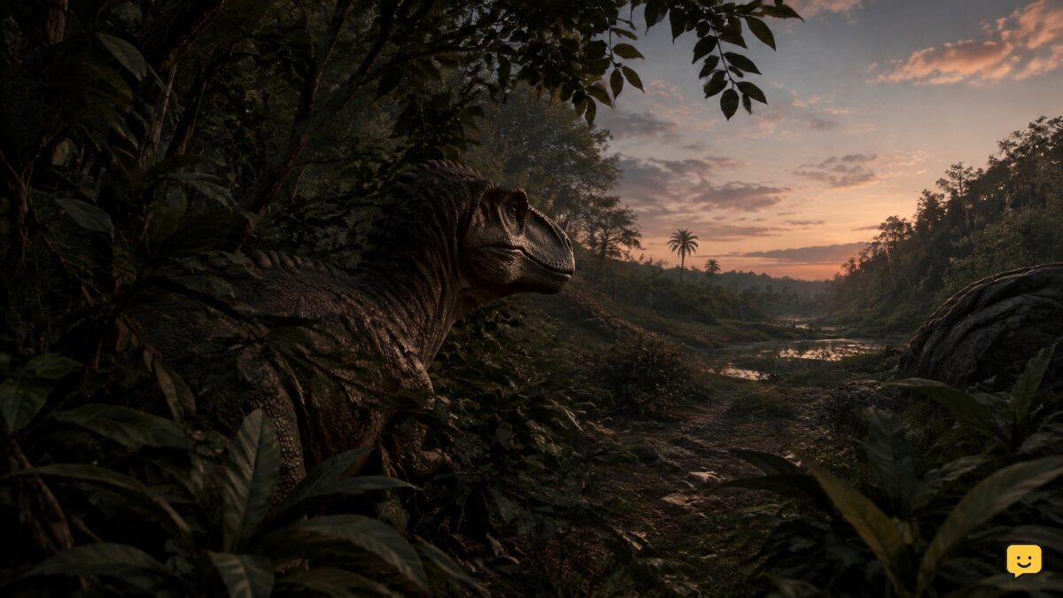 A dinosaur resting quietly among dense forest foliage at dusk in a concealed location.