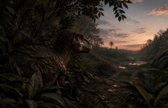 A dinosaur resting quietly among dense forest foliage at dusk in a concealed location.