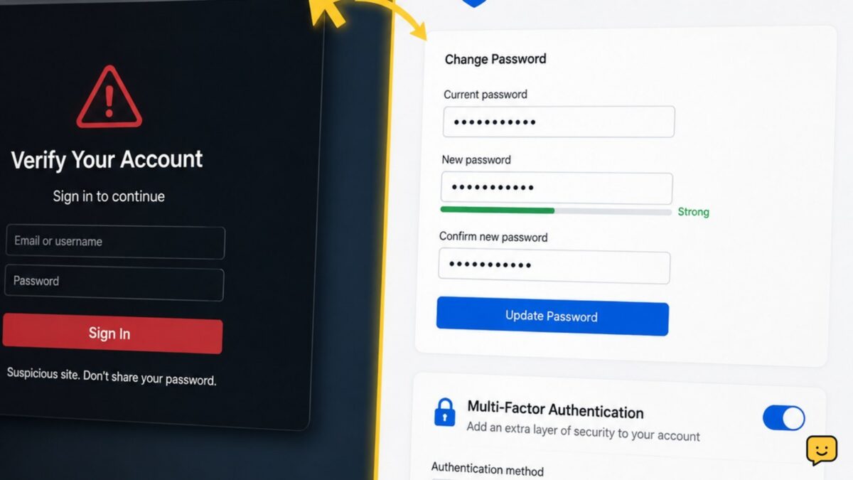 A laptop showing a suspicious login page being closed beside a genuine account security screen with password and multi-factor authentication controls