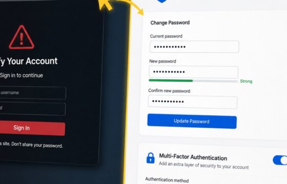 A laptop showing a suspicious login page being closed beside a genuine account security screen with password and multi-factor authentication controls